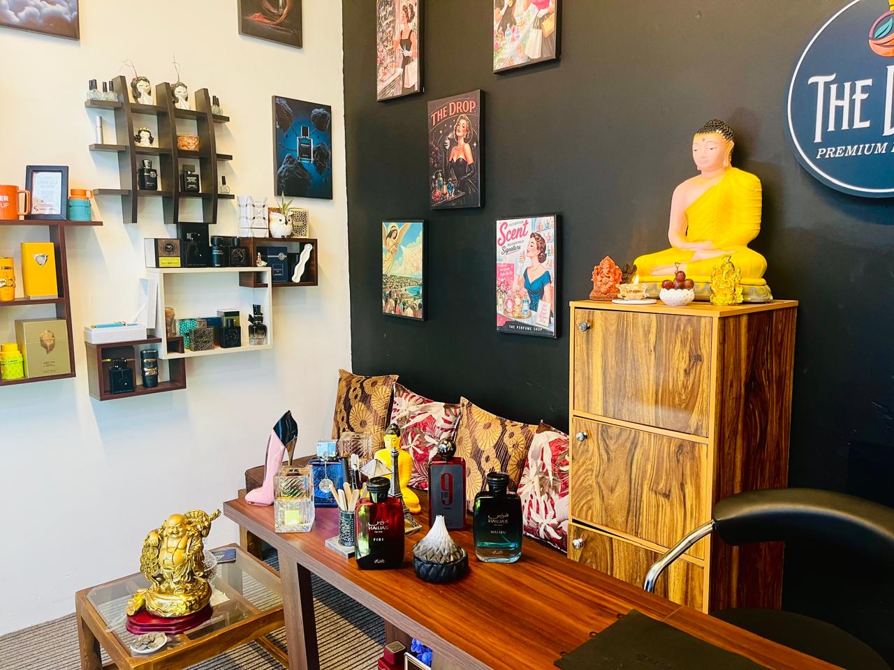 Perfume display inside The Drop store in Matara